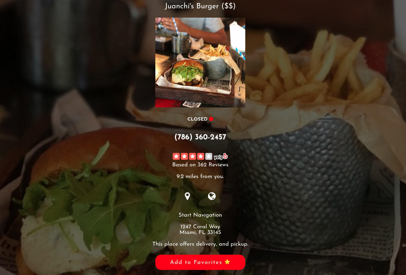 User interface Image of one of the random Top places to eat in Brickell.