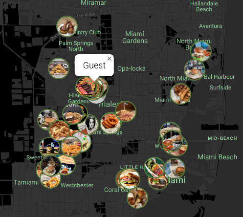 Picture of SpotBie user interface displaying map of places to eat.