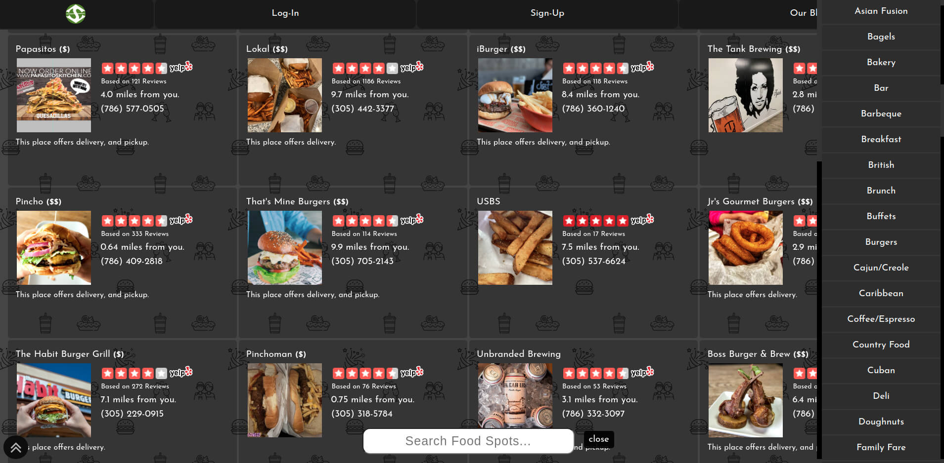 User Interface image of a list of nearby places to eat in Opalocka.