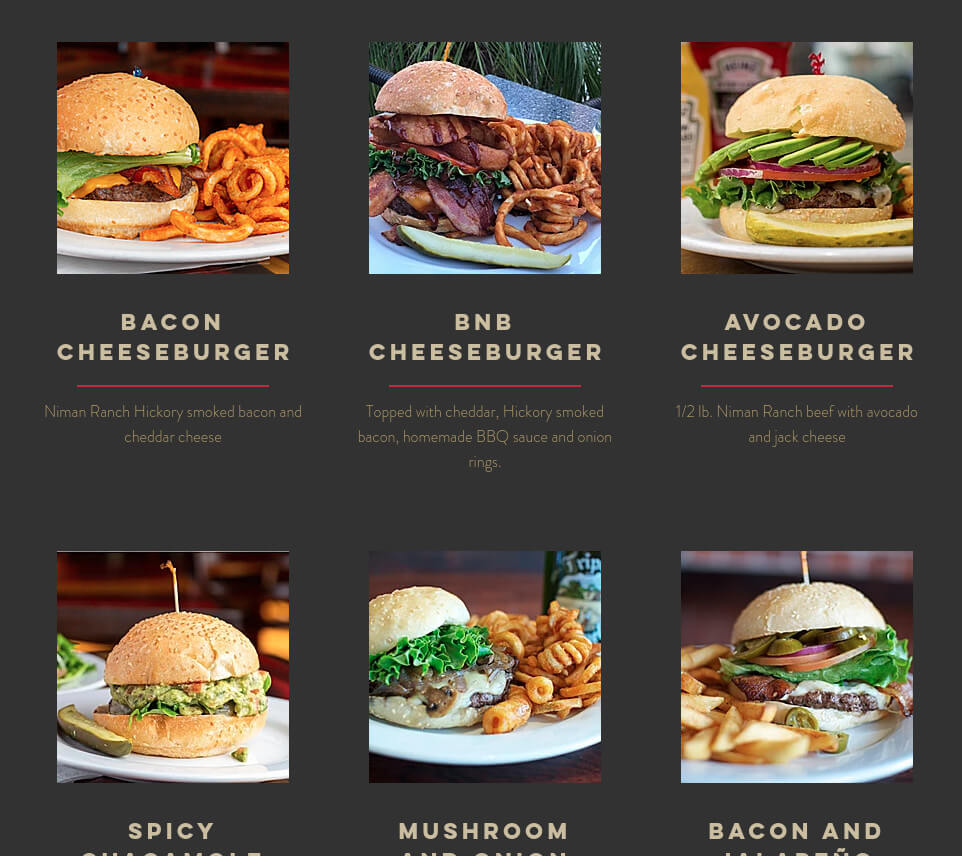 Screenshot of Burgers and Brew restaurant's website located in North America.